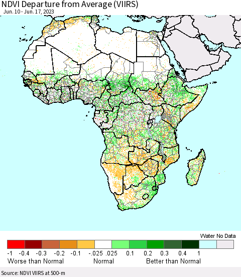 Africa NDVI Departure from Average (VIIRS) Thematic Map For 6/10/2023 - 6/17/2023