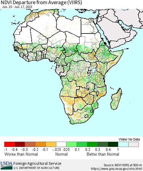 Africa NDVI Departure from Average (VIIRS) Thematic Map For 6/11/2023 - 6/20/2023