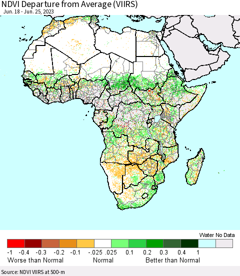 Africa NDVI Departure from Average (VIIRS) Thematic Map For 6/18/2023 - 6/25/2023