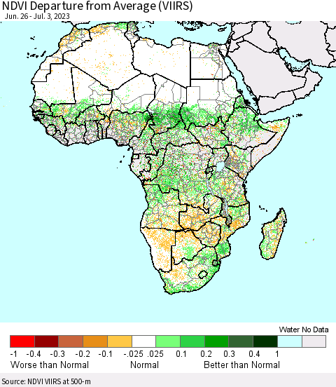 Africa NDVI Departure from Average (VIIRS) Thematic Map For 6/26/2023 - 7/3/2023