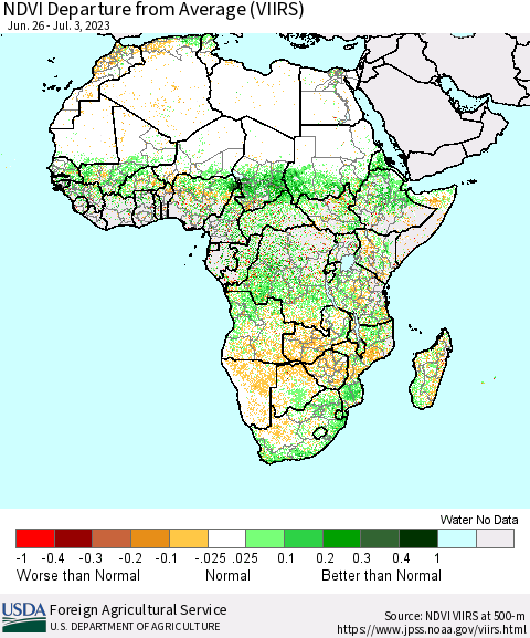 Africa NDVI Departure from Average (VIIRS) Thematic Map For 7/1/2023 - 7/10/2023