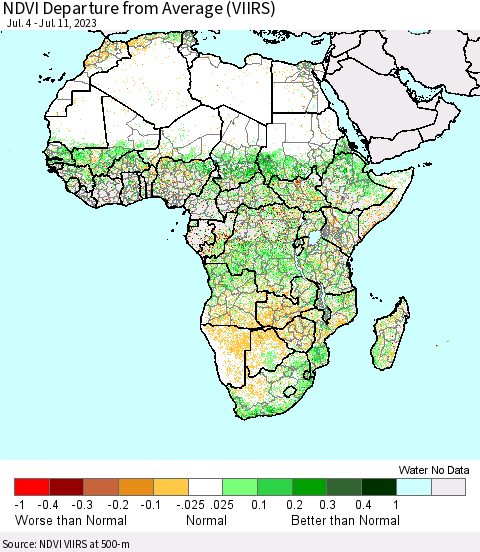 Africa NDVI Departure from Average (VIIRS) Thematic Map For 7/4/2023 - 7/11/2023