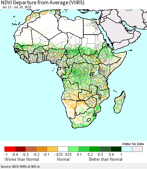 Africa NDVI Departure from Average (VIIRS) Thematic Map For 7/12/2023 - 7/19/2023