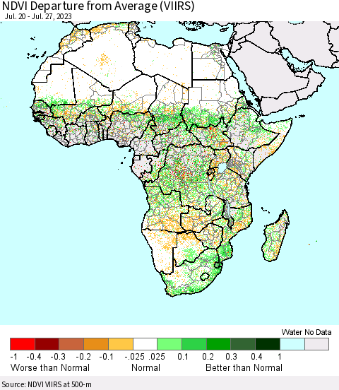 Africa NDVI Departure from Average (VIIRS) Thematic Map For 7/20/2023 - 7/27/2023