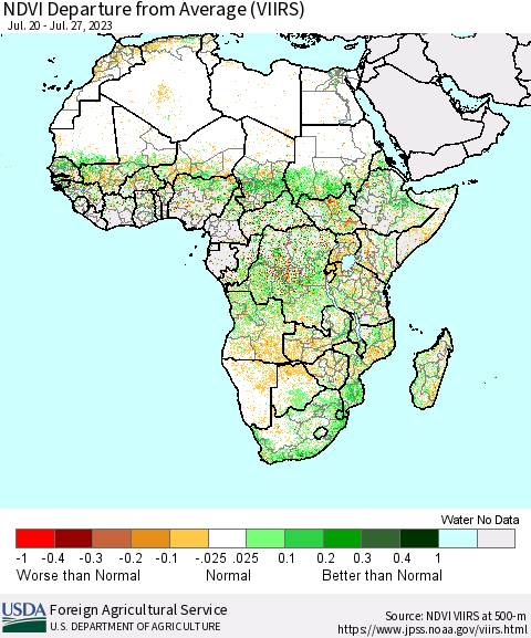 Africa NDVI Departure from Average (VIIRS) Thematic Map For 7/21/2023 - 7/31/2023
