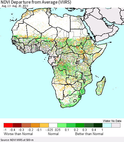 Africa NDVI Departure from Average (VIIRS) Thematic Map For 8/11/2023 - 8/20/2023