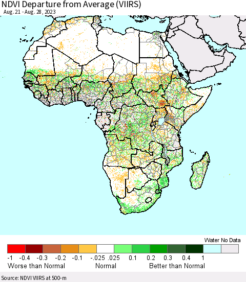 Africa NDVI Departure from Average (VIIRS) Thematic Map For 8/21/2023 - 8/28/2023