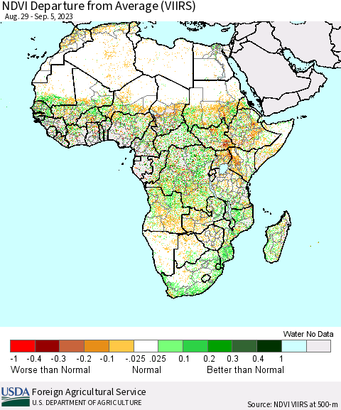 Africa NDVI Departure from Average (VIIRS) Thematic Map For 9/1/2023 - 9/10/2023