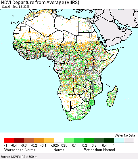 Africa NDVI Departure from Average (VIIRS) Thematic Map For 9/6/2023 - 9/13/2023