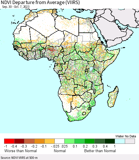 Africa NDVI Departure from Average (VIIRS) Thematic Map For 9/30/2023 - 10/7/2023