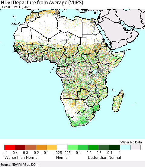Africa NDVI Departure from Average (VIIRS) Thematic Map For 10/8/2023 - 10/15/2023