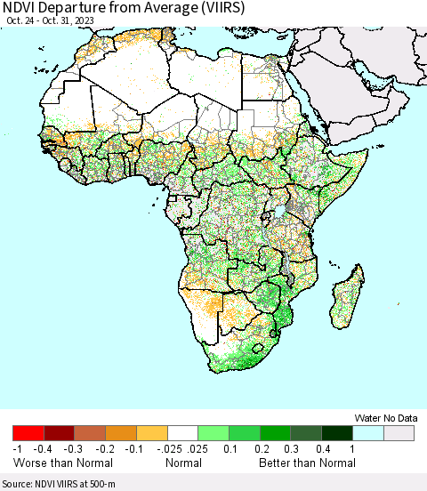 Africa NDVI Departure from Average (VIIRS) Thematic Map For 10/24/2023 - 10/31/2023