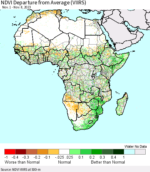 Africa NDVI Departure from Average (VIIRS) Thematic Map For 11/1/2023 - 11/8/2023