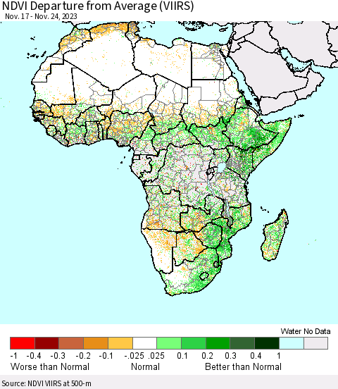 Africa NDVI Departure from Average (VIIRS) Thematic Map For 11/17/2023 - 11/24/2023