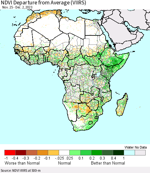 Africa NDVI Departure from Average (VIIRS) Thematic Map For 11/25/2023 - 12/2/2023