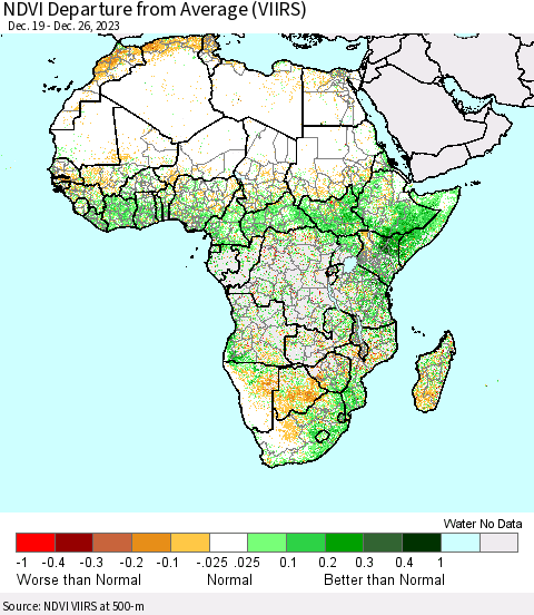 Africa NDVI Departure from Average (VIIRS) Thematic Map For 12/19/2023 - 12/26/2023