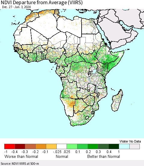Africa NDVI Departure from Average (VIIRS) Thematic Map For 12/27/2023 - 1/3/2024
