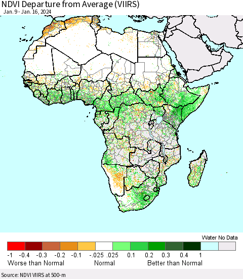 Africa NDVI Departure from Average (VIIRS) Thematic Map For 1/9/2024 - 1/16/2024