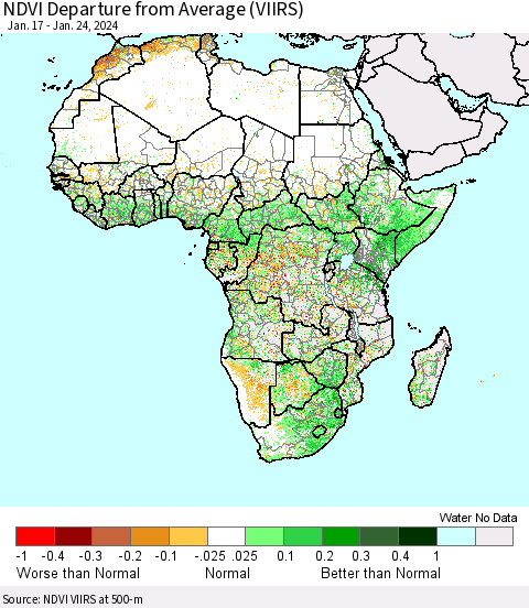 Africa NDVI Departure from Average (VIIRS) Thematic Map For 1/17/2024 - 1/24/2024