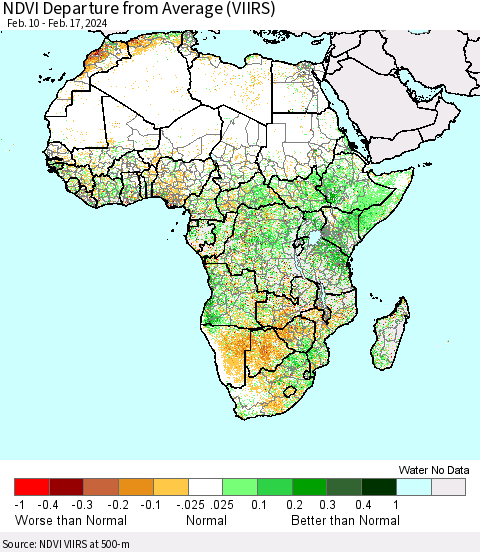 Africa NDVI Departure from Average (VIIRS) Thematic Map For 2/10/2024 - 2/17/2024