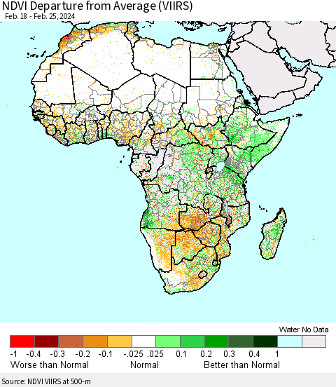 Africa NDVI Departure from Average (VIIRS) Thematic Map For 2/18/2024 - 2/25/2024