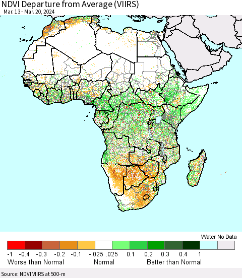 Africa NDVI Departure from Average (VIIRS) Thematic Map For 3/13/2024 - 3/20/2024
