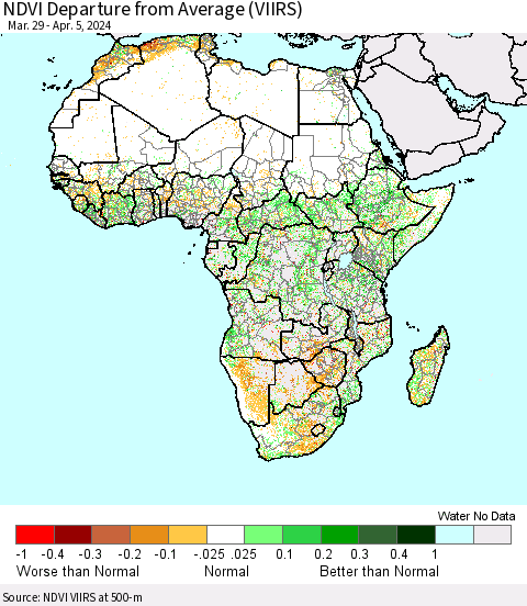Africa NDVI Departure from Average (VIIRS) Thematic Map For 3/29/2024 - 4/5/2024