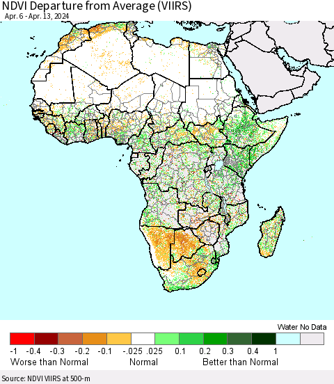 Africa NDVI Departure from Average (VIIRS) Thematic Map For 4/6/2024 - 4/13/2024