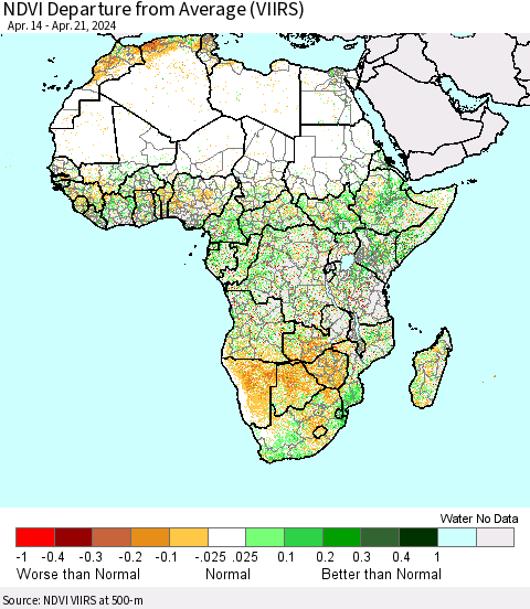 Africa NDVI Departure from Average (VIIRS) Thematic Map For 4/14/2024 - 4/21/2024