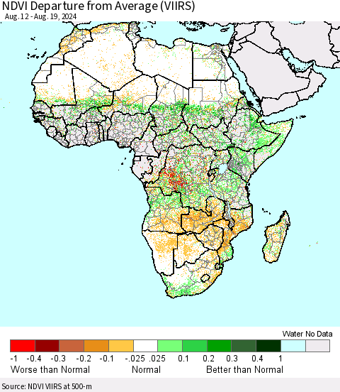Africa NDVI Departure from Average (VIIRS) Thematic Map For 8/12/2024 - 8/19/2024