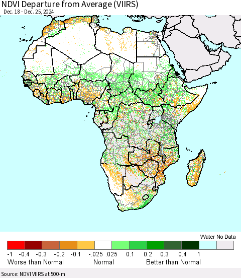 Africa NDVI Departure from Average (VIIRS) Thematic Map For 12/18/2024 - 12/25/2024
