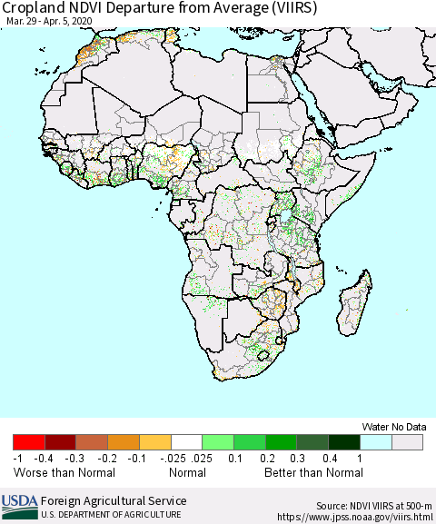 Africa Cropland NDVI Departure from Average (VIIRS) Thematic Map For 4/1/2020 - 4/10/2020
