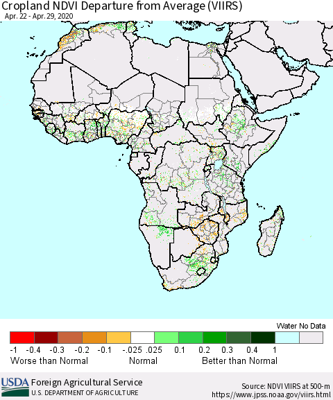 Africa Cropland NDVI Departure from Average (VIIRS) Thematic Map For 4/21/2020 - 4/30/2020