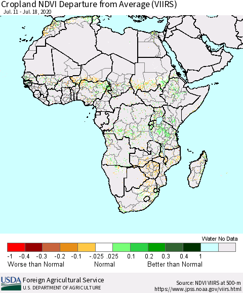 Africa Cropland NDVI Departure from Average (VIIRS) Thematic Map For 7/11/2020 - 7/20/2020