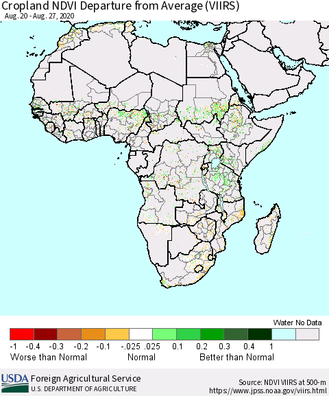 Africa Cropland NDVI Departure from Average (VIIRS) Thematic Map For 8/21/2020 - 8/31/2020