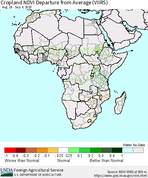 Africa Cropland NDVI Departure from Average (VIIRS) Thematic Map For 9/1/2020 - 9/10/2020