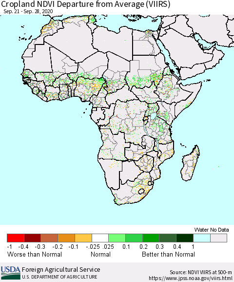 Africa Cropland NDVI Departure from Average (VIIRS) Thematic Map For 9/21/2020 - 9/30/2020