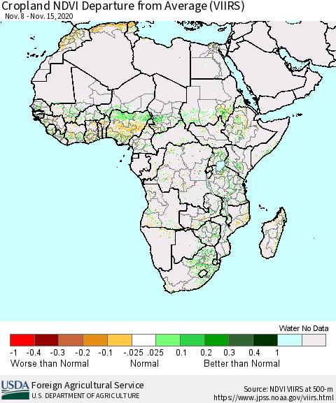 Africa Cropland NDVI Departure from Average (VIIRS) Thematic Map For 11/11/2020 - 11/20/2020