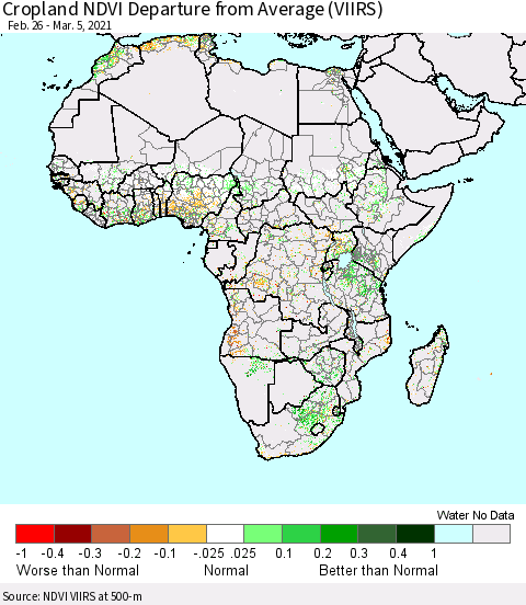 Africa Cropland NDVI Departure from Average (VIIRS) Thematic Map For 2/26/2021 - 3/5/2021