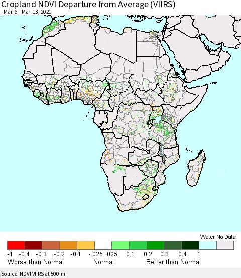 Africa Cropland NDVI Departure from Average (VIIRS) Thematic Map For 3/6/2021 - 3/13/2021