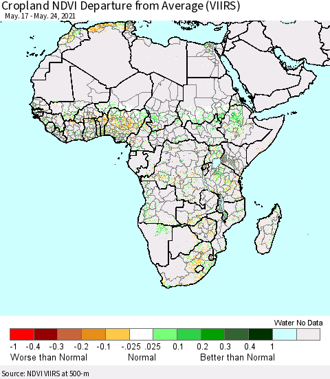Africa Cropland NDVI Departure from Average (VIIRS) Thematic Map For 5/17/2021 - 5/24/2021