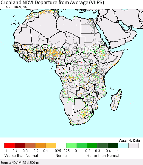 Africa Cropland NDVI Departure from Average (VIIRS) Thematic Map For 6/2/2021 - 6/9/2021