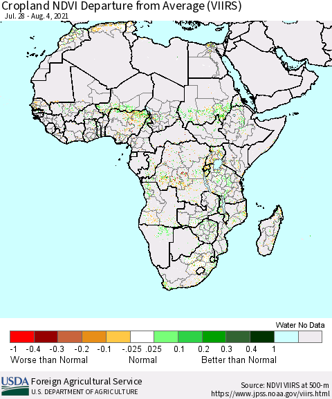 Africa Cropland NDVI Departure from Average (VIIRS) Thematic Map For 8/1/2021 - 8/10/2021