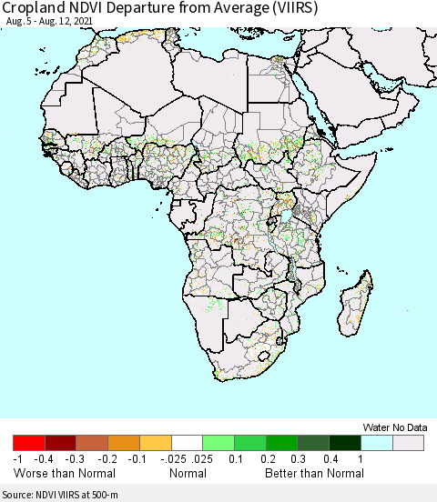 Africa Cropland NDVI Departure from Average (VIIRS) Thematic Map For 8/5/2021 - 8/12/2021
