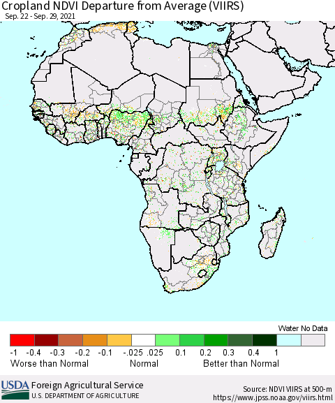 Africa Cropland NDVI Departure from Average (VIIRS) Thematic Map For 9/21/2021 - 9/30/2021