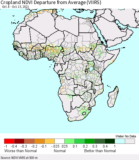 Africa Cropland NDVI Departure from Average (VIIRS) Thematic Map For 10/8/2021 - 10/15/2021