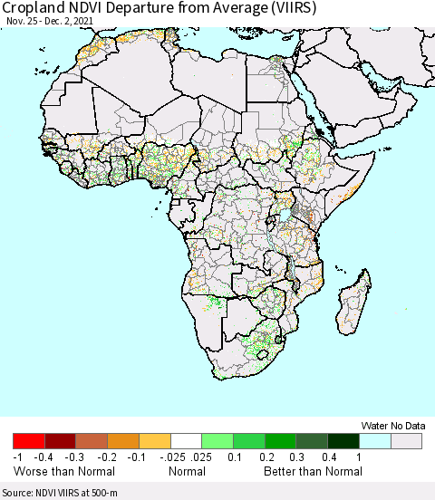 Africa Cropland NDVI Departure from Average (VIIRS) Thematic Map For 11/25/2021 - 12/2/2021