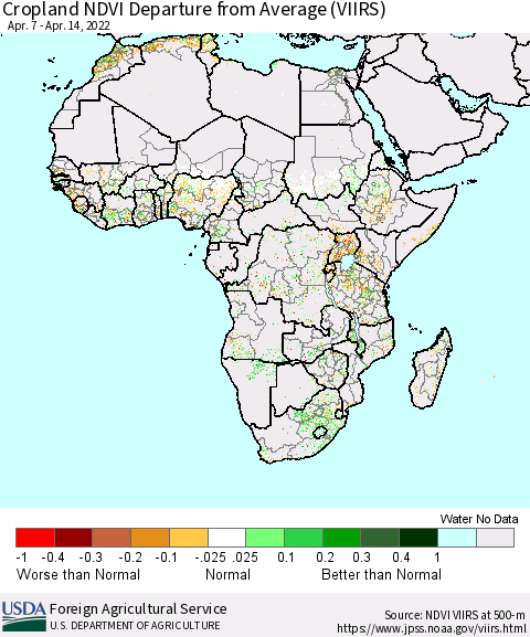 Africa Cropland NDVI Departure from Average (VIIRS) Thematic Map For 4/11/2022 - 4/20/2022