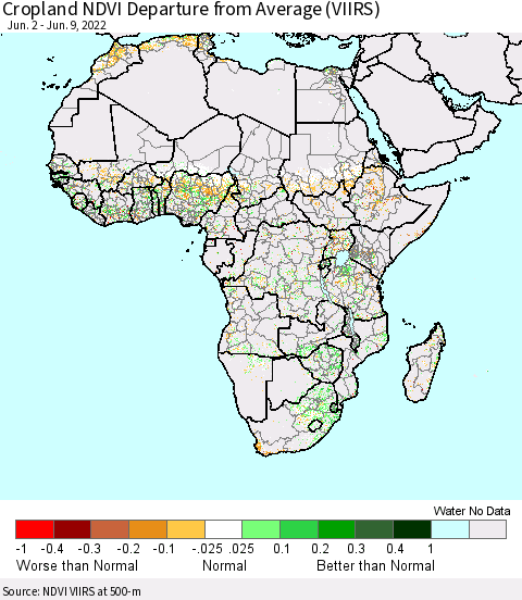 Africa Cropland NDVI Departure from Average (VIIRS) Thematic Map For 6/2/2022 - 6/9/2022