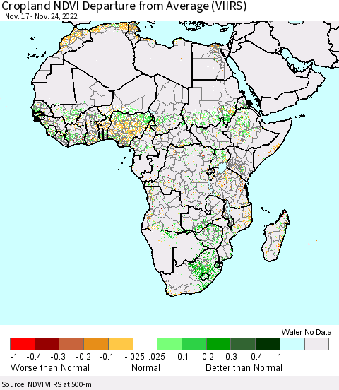 Africa Cropland NDVI Departure from Average (VIIRS) Thematic Map For 11/17/2022 - 11/24/2022